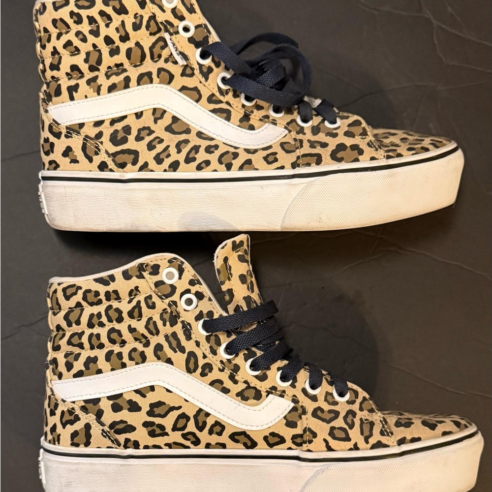 Vans Leopard Print High Top Sneakers in Tan, Black & White